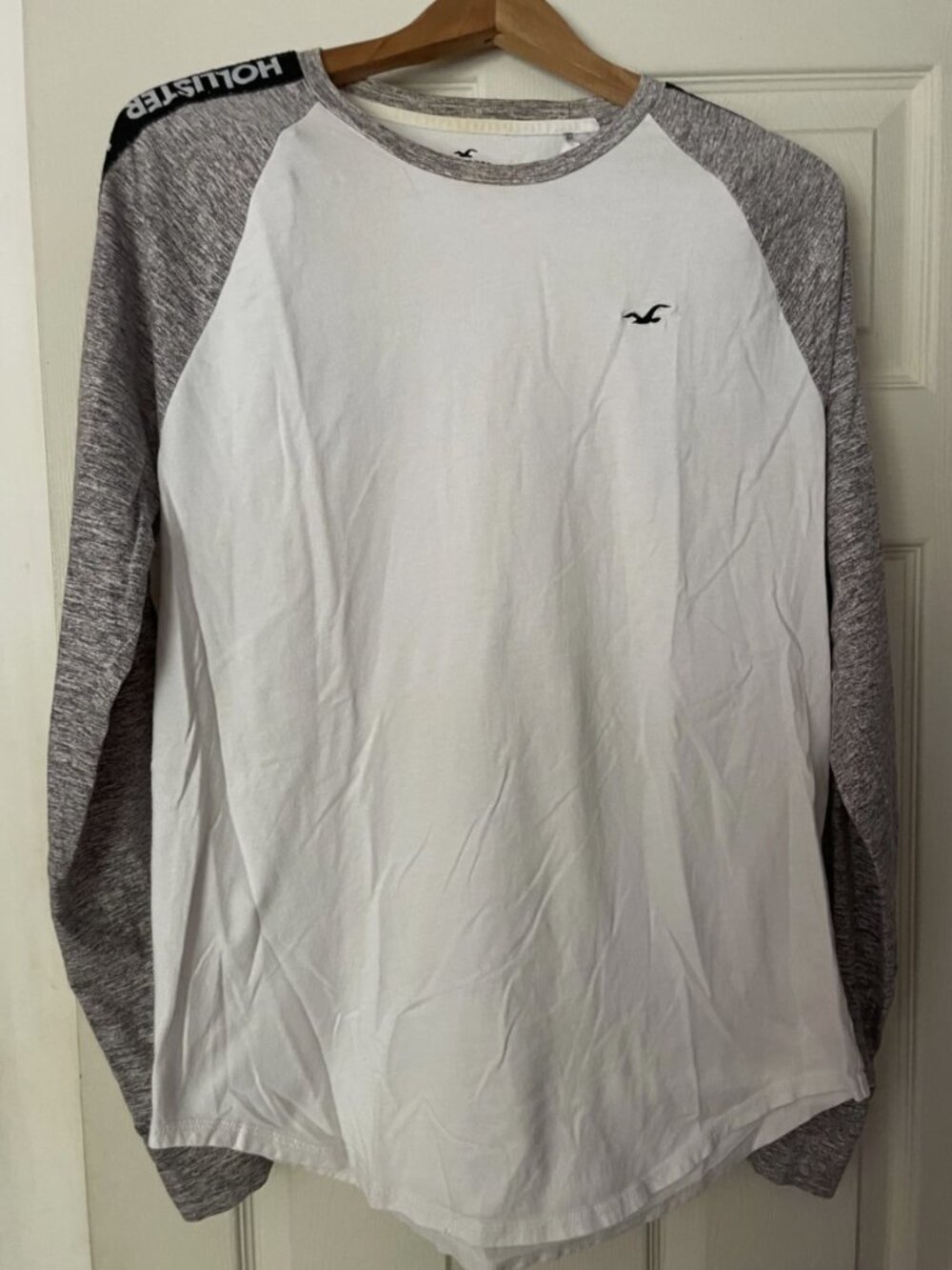 Hollister Men's Long Sleeve Graphic T-Shirt White/Gray Embroidered Size M
